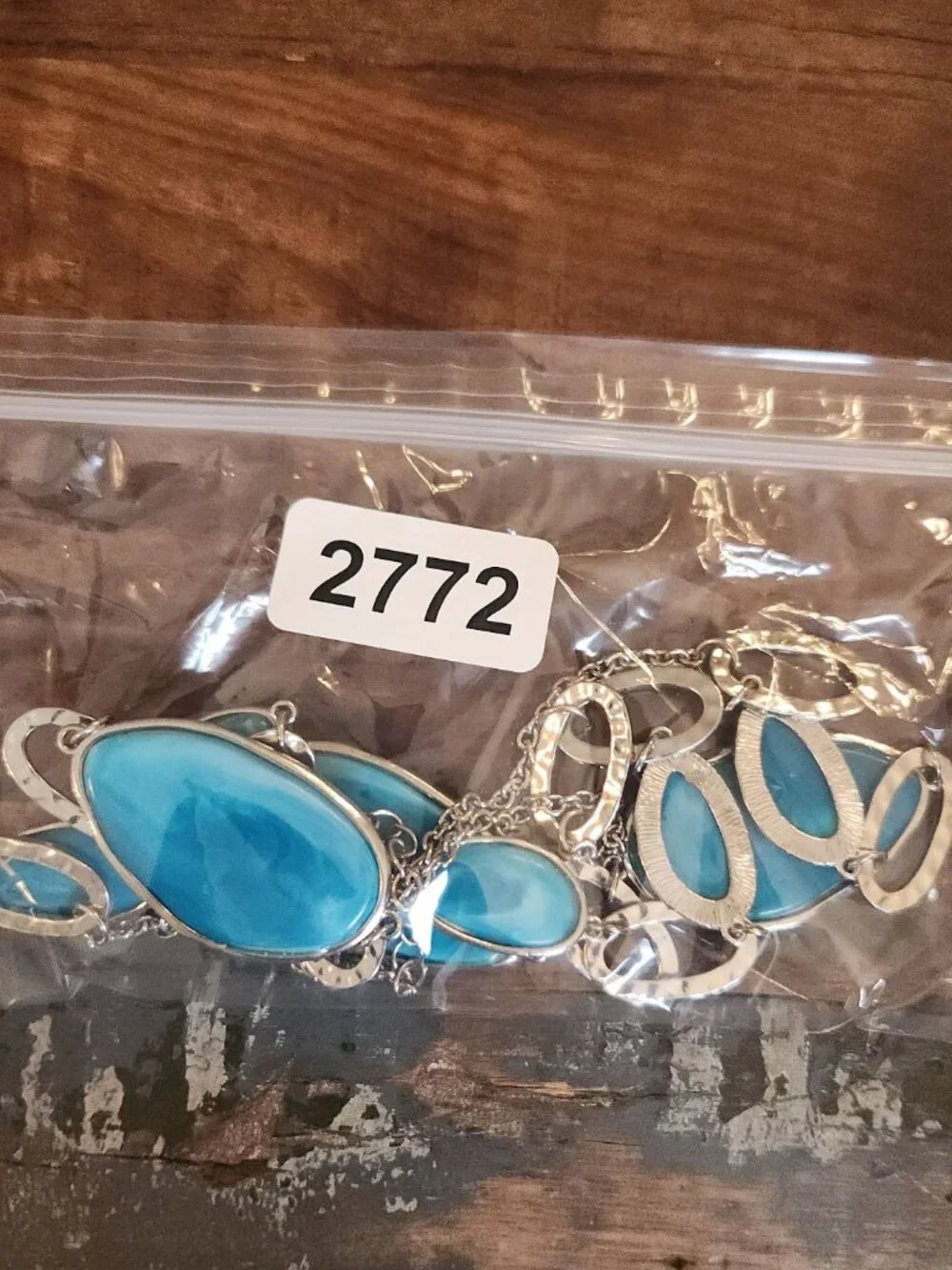 Vintage Turquoise Blue Double Strand Silver Hammered Oval Statement Necklace